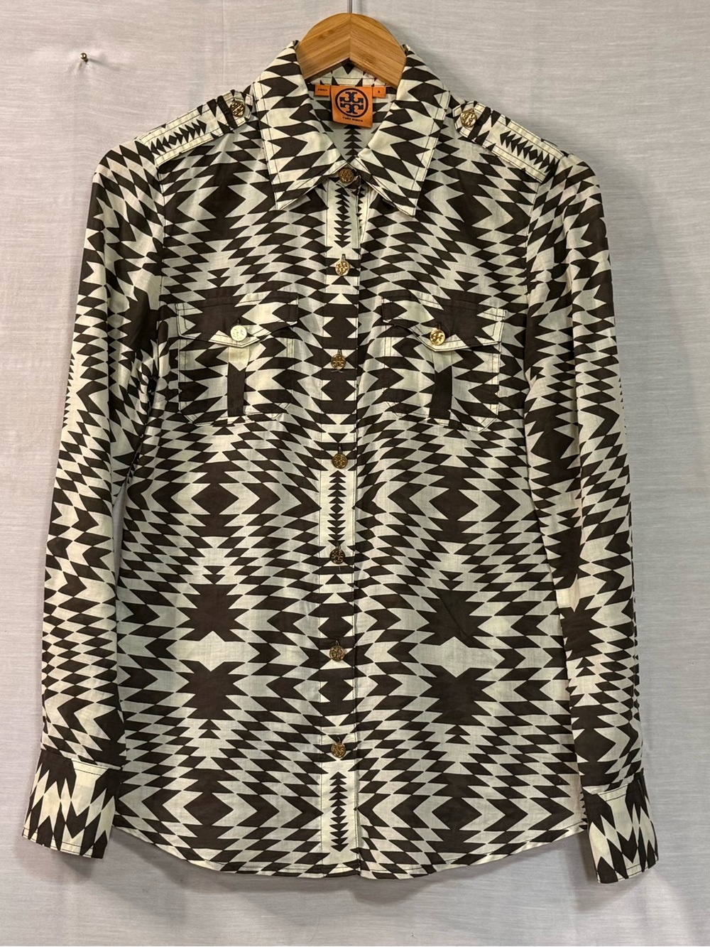 Tory Burch Brown Ivory Geometric Cotton Button Down Shirt Size 6 NWOT